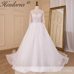 HEULORIA elegant lace appliqe A line Wedding Dress long sleeve organza skirt bride dress plus size robe de mariee Wedding Bridal Gown