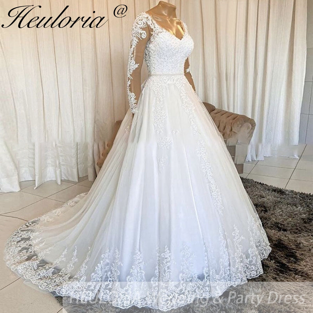Princess Wedding Dress long sleece v neck lace bride dress plus size robe de mariee Lace beading Wedding Bridal Gown BA-78
