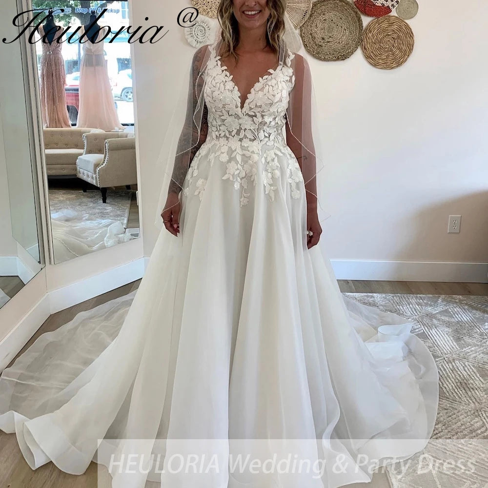 HEULORIA  elegant lace wedding dress v neck organza skirt bride dress A line Robe De Mariee Wedding Bride Dress AL-835