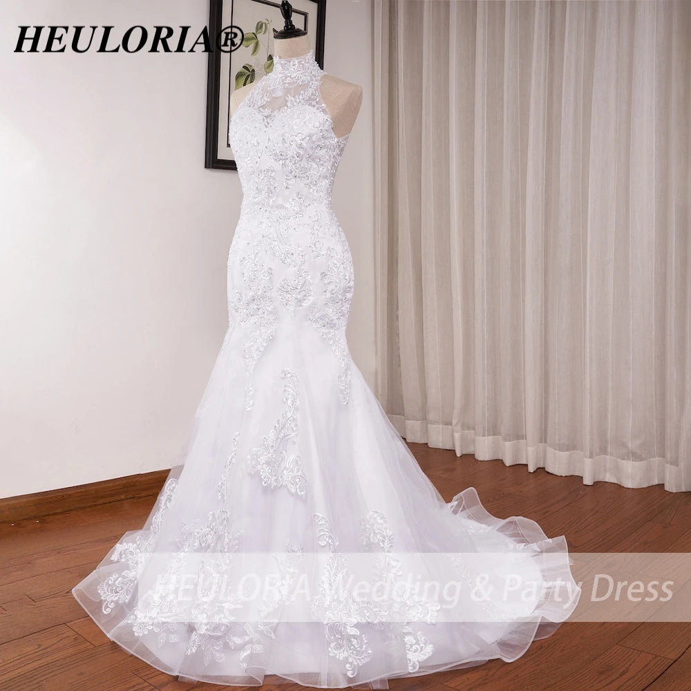 HEULORIA mermaid wedding dress high neck lace beading bride dress long train Robe de mariage ME-0115