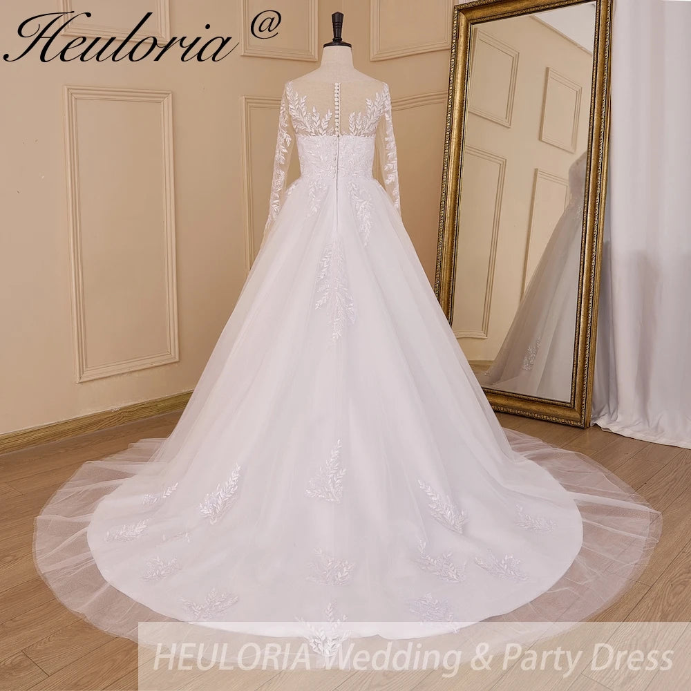 HEULORIA Sparkly Glitter A line Wedding Dress long sleeve lace bride dress plus size robe de mariee  A line Wedding Bridal Gown AL-832