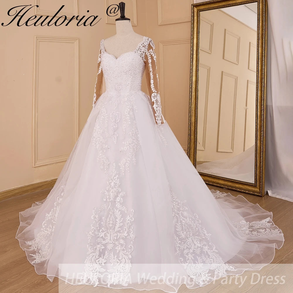 HEULORIA Princess Wedding Dress long sleeve V neck bride dress plus size robe de mariee Lace beading Wedding Bridal Gown BA-827