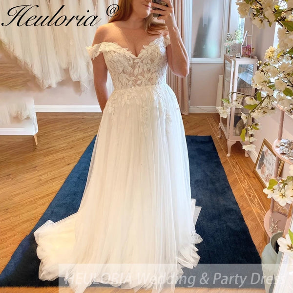 HEULORIA Boho Wedding Dress off shoulder lace bride dress plus size robe de mariee  A line Wedding Bridal Gown