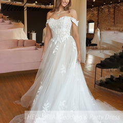 HEULORIA elegant A line wedding dress off shoulder Sparkly Glitter tulle lace applique high split bridal dress Robe De Mariee Wedding Bride Dress