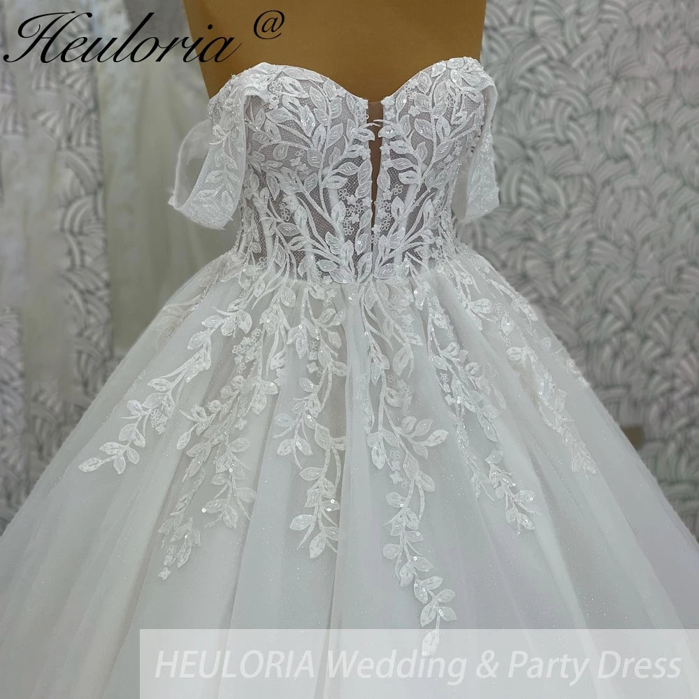 HEULORIA Sparkly Glitter Wedding dress Off The Shoulder 2025 Luxury Women Church Beach Bride Dresses Floral Lace Customized BA-1028