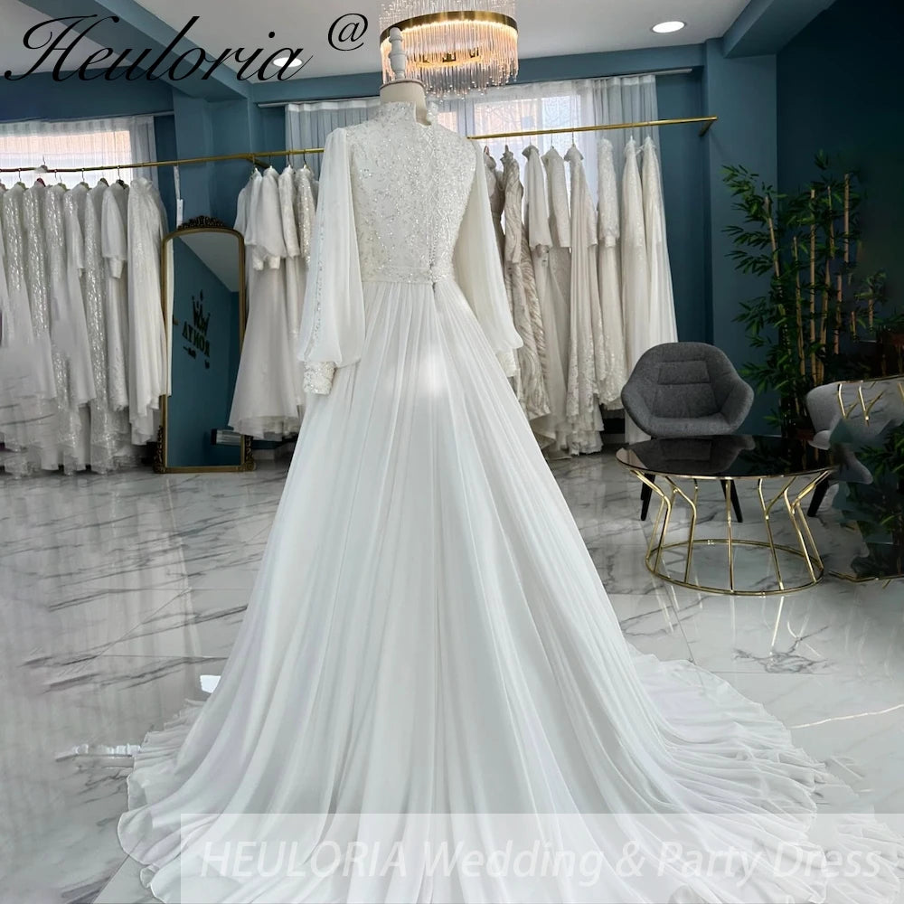 elegant heavy beading Muslim Wedding Dress long sleeve high neck bride dress plus size bride Wedding Gown BA-853
