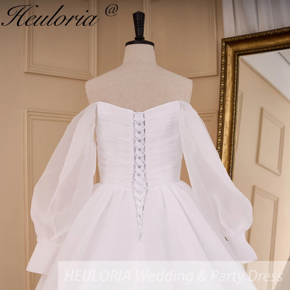 HEULORIA elegant A line wedding dress long sleeve off shoulder organza bride dress Robe De Mariee Wedding Bride Dress long train AL-821