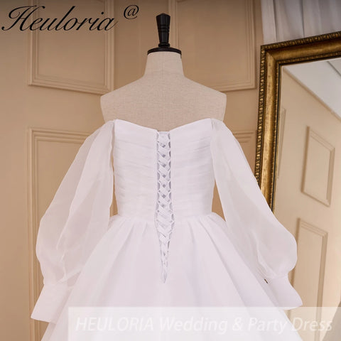 HEULORIA elegant A line wedding dress long sleeve off shoulder organza bride dress Robe De Mariee Wedding Bride Dress long train