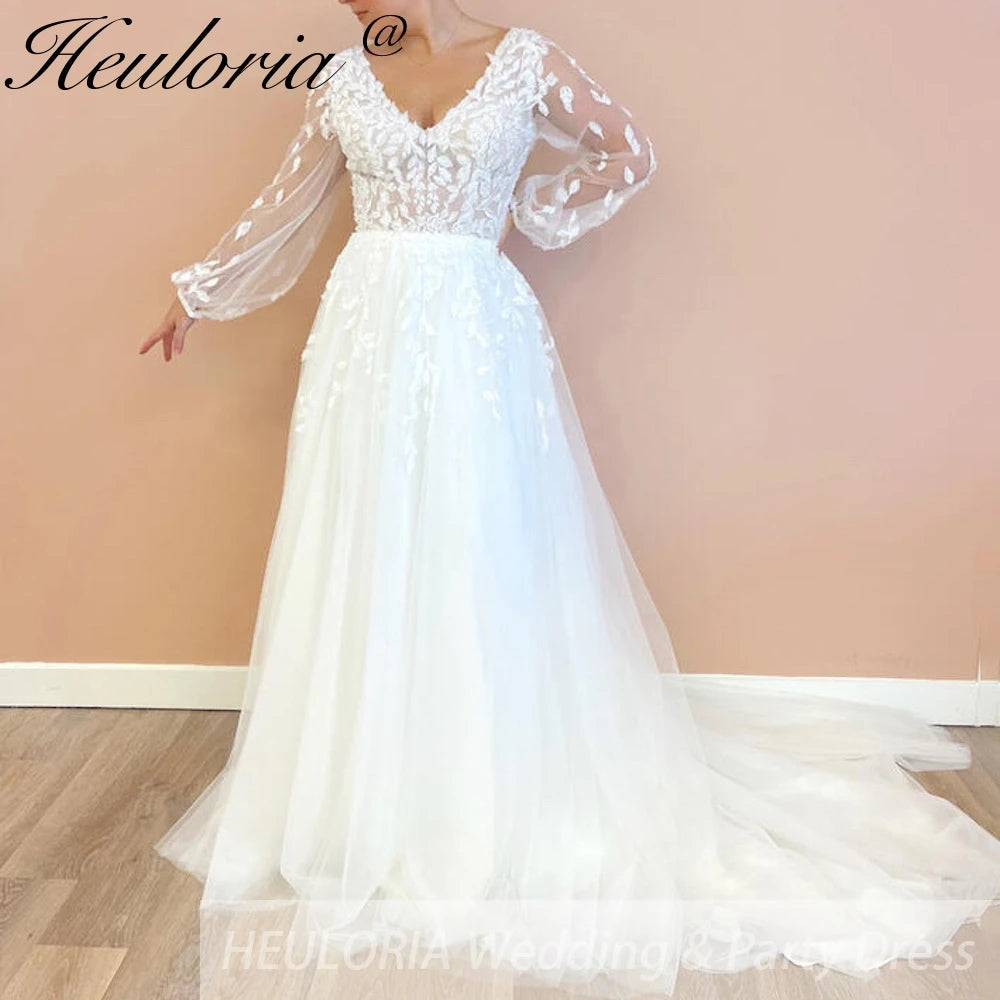 HEULORIA elegant A line Wedding Dress long sleeve v neck lace bride dress plus size robe de mariee