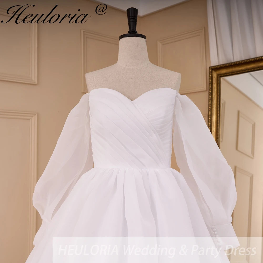 HEULORIA elegant A line wedding dress long sleeve off shoulder organza bride dress Robe De Mariee Wedding Bride Dress long train AL-821
