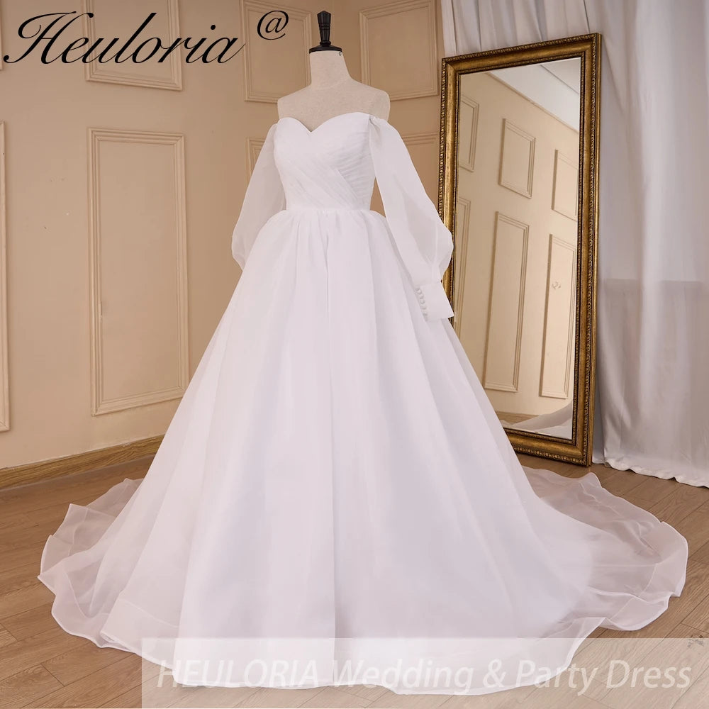 HEULORIA elegant A line wedding dress long sleeve off shoulder organza bride dress Robe De Mariee Wedding Bride Dress long train AL-821
