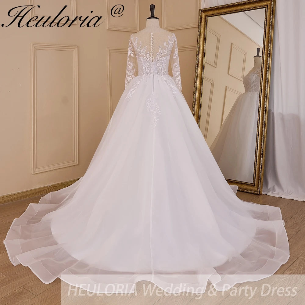 HEULORIA elegant lace appliqe A line Wedding Dress long sleeve organza skirt bride dress plus size robe de mariee Wedding Bridal Gown AL-833