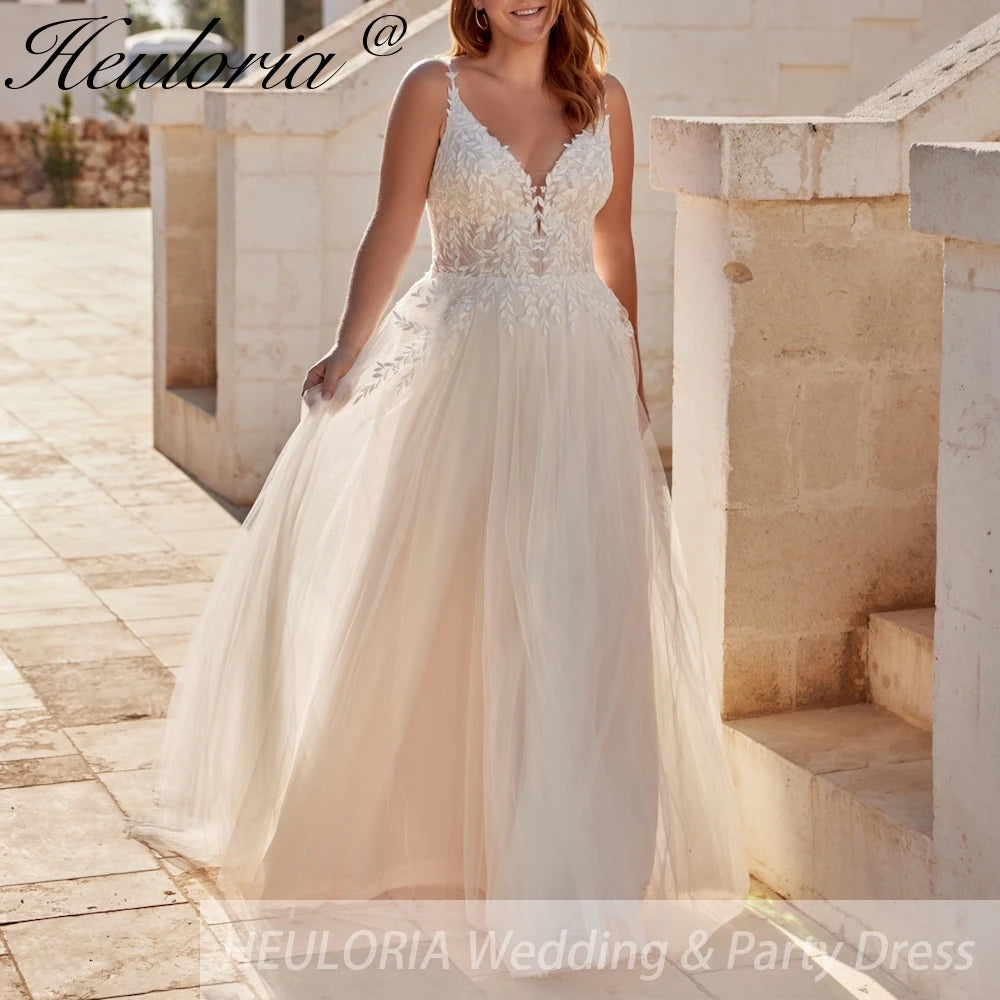 HEULORIA Boho a line Wedding Dress plug v neck lace bride dress plus size robe de mariee  A line Wedding Bridal Gown AL-877 Main image