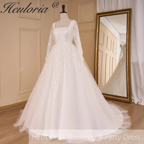 HEULORIA elegant A line wedding dress long sleeve Sparkly Glitter lace beading bride dress Robe De Mariee Wedding Bride Dress