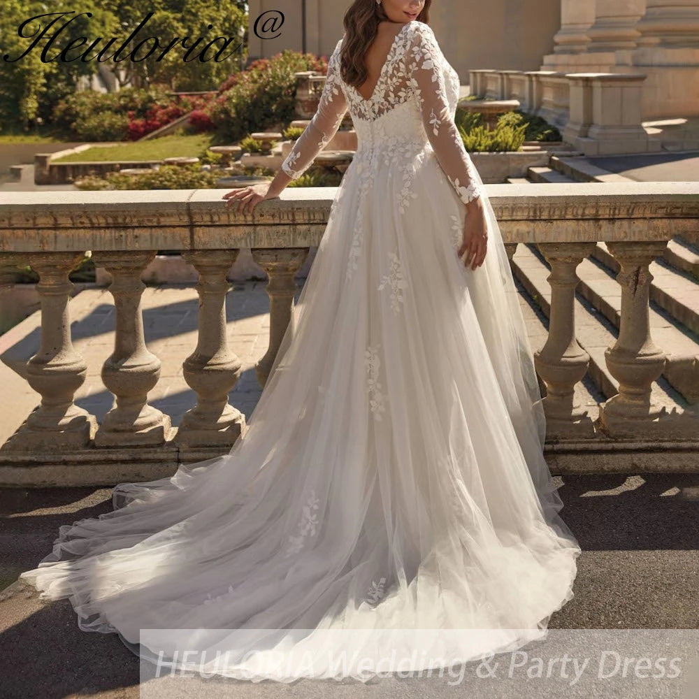 HEULORIA  plus size wedding dress long sleeve v neck lace bride dress A line Robe De Mariee Wedding Bride Dress AL-754