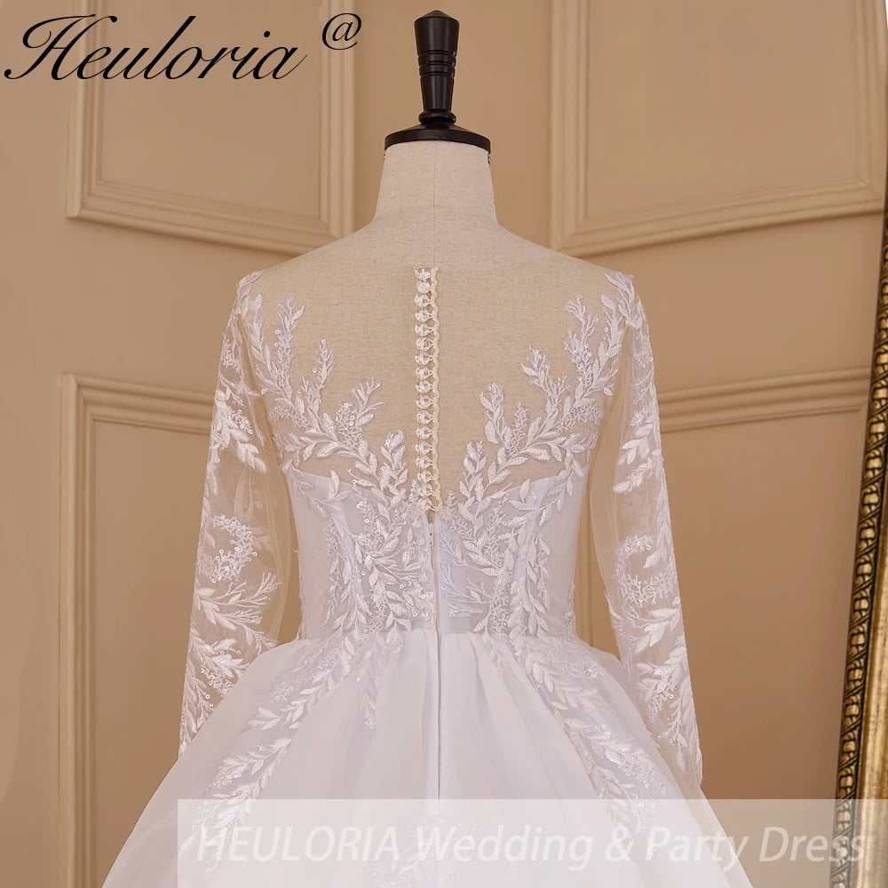 HEULORIA elegant lace appliqe A line Wedding Dress long sleeve organza skirt bride dress plus size robe de mariee Wedding Bridal Gown AL-833