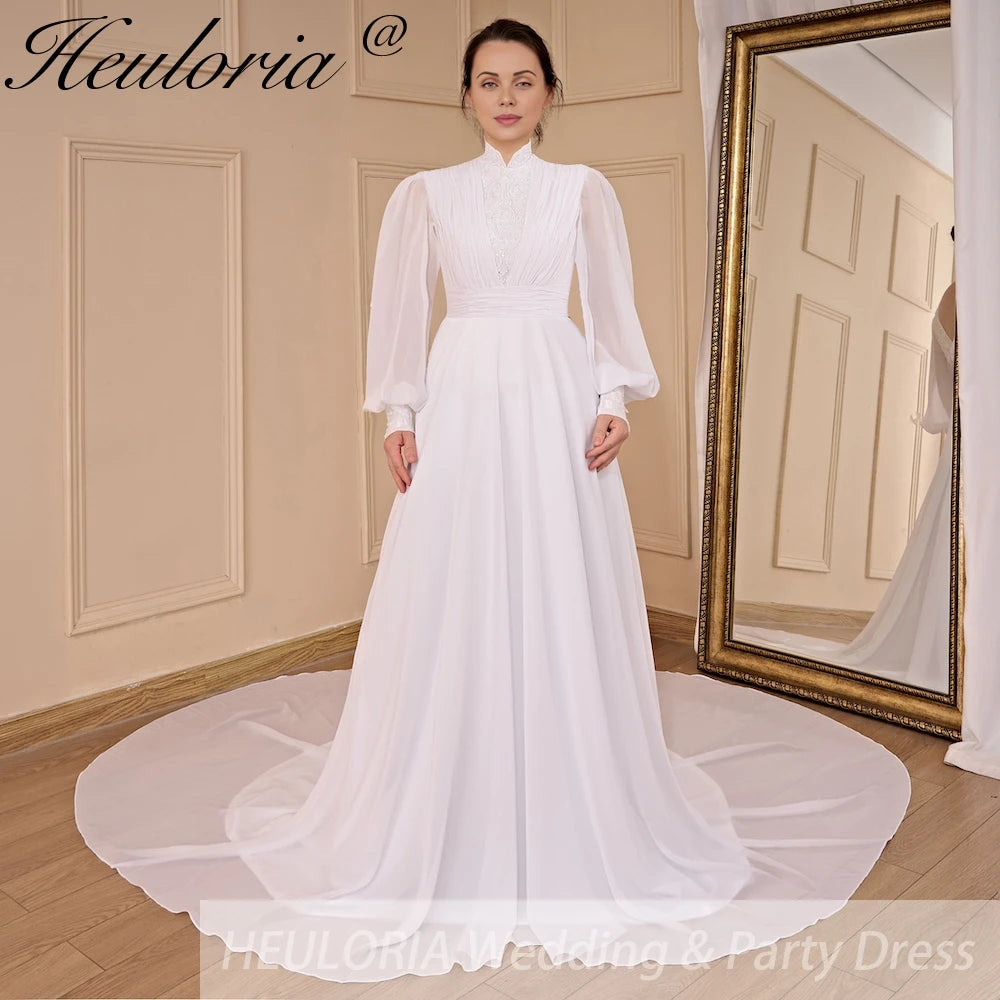 High Neck Lace Bishop Sleeve Wedding Dress