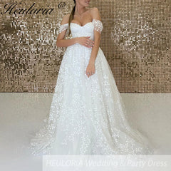 HEULORIA off shoulder 3D floral lace wedding dress lace up bride dress robe de mariee court train