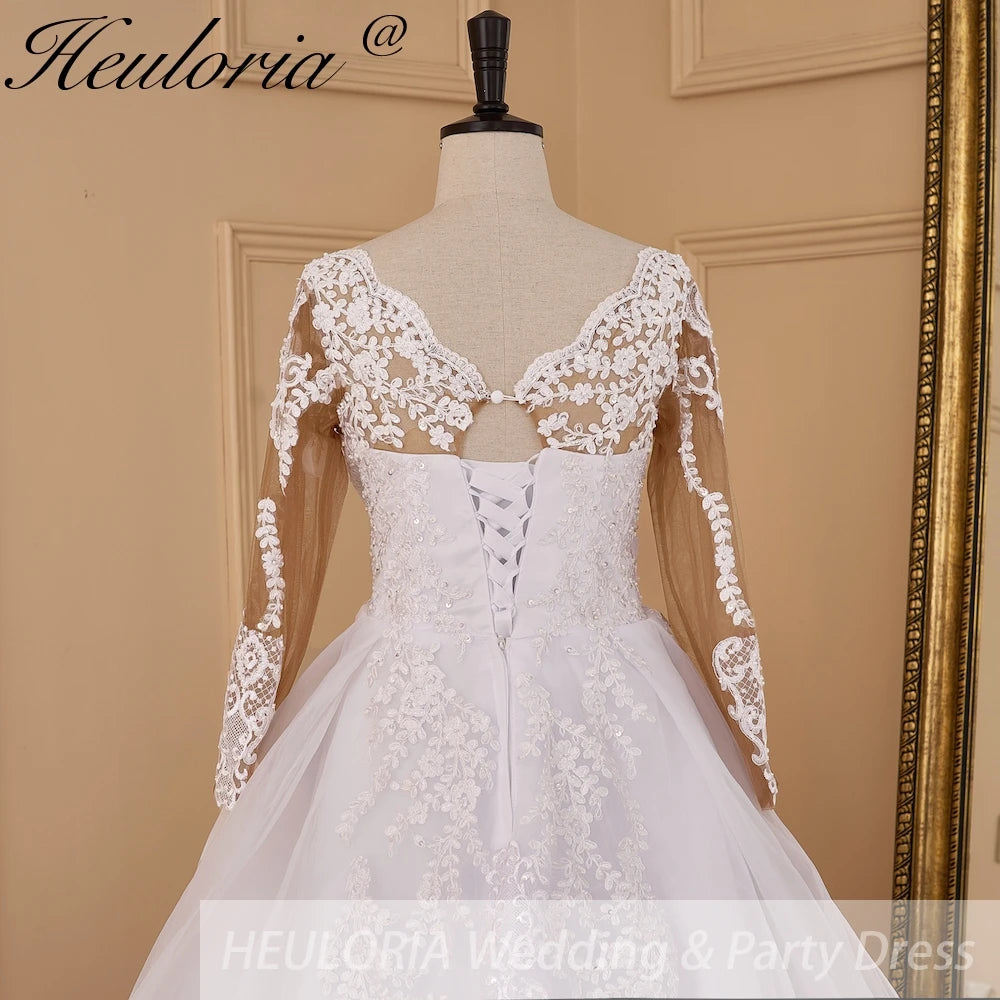 HEULORIA Princess Wedding Dress long sleeve V neck bride dress plus size robe de mariee Lace beading Wedding Bridal Gown BA-827