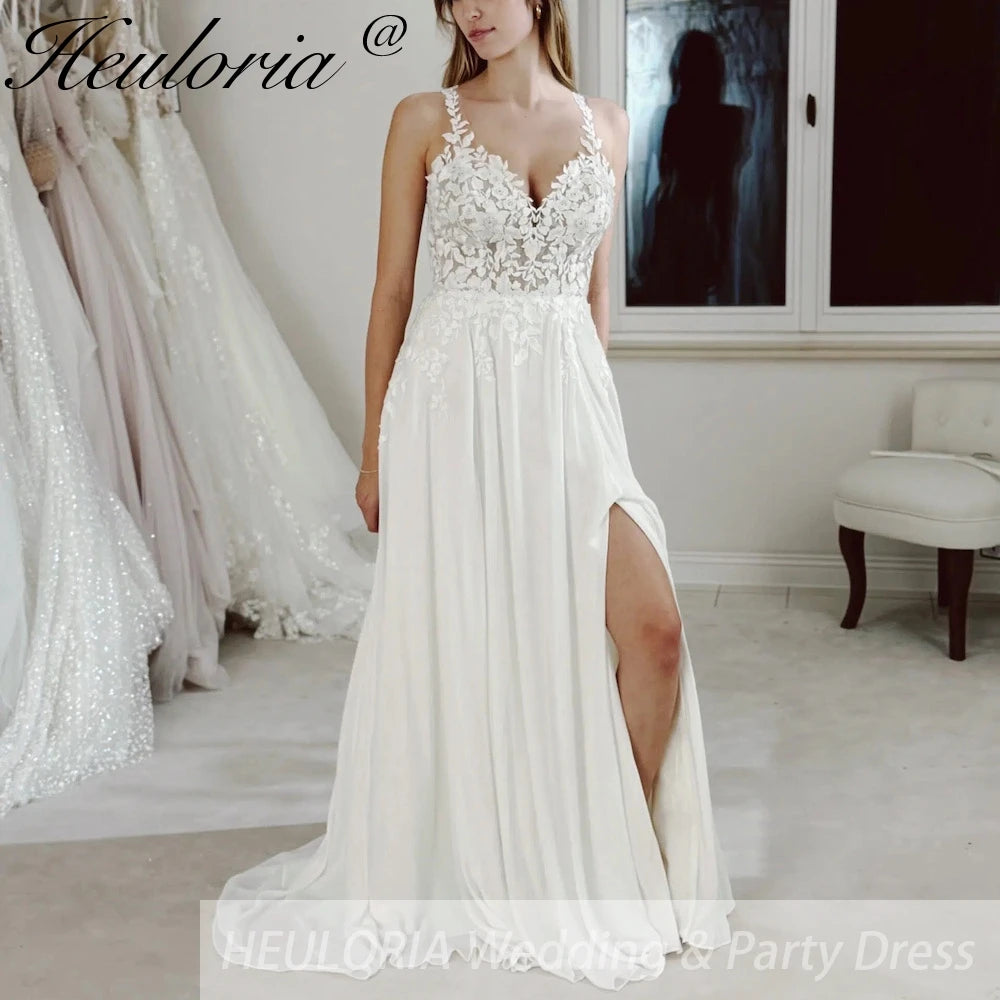 HEULORIA elegant A line Wedding Dress Spaghetti Straps lace applique bride dress high split garden beach wedding