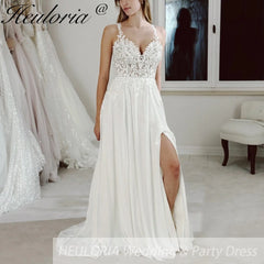 HEULORIA elegant A line Wedding Dress Spaghetti Straps lace applique bride dress high split garden beach wedding