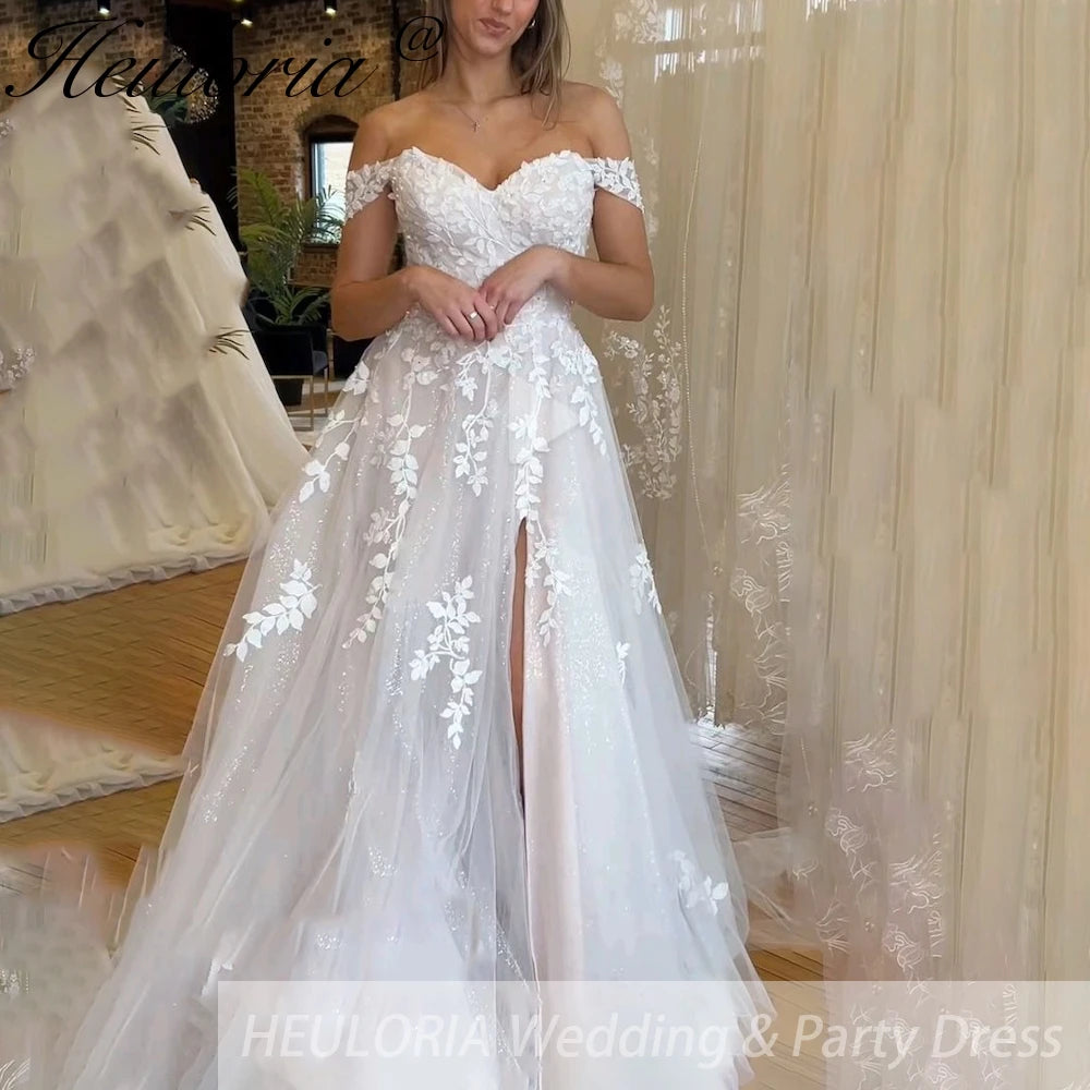 HEULORIA elegant A line wedding dress off shoulder Sparkly Glitter tulle lace bridal dress high split plus size robe de mariee A line Wedding Bridal Gown AL-884