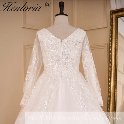 HEULORIA elegant A line wedding dress long sleeve Sparkly Glitter lace beading bride dress Robe De Mariee Wedding Bride Dress