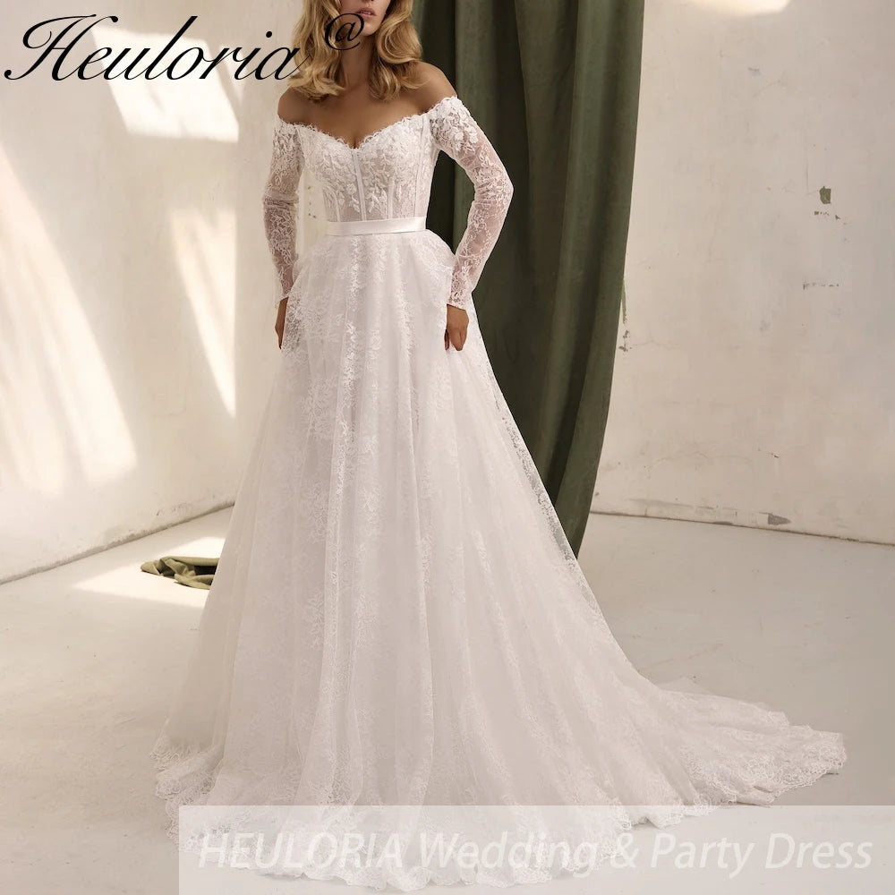 HEULORIA princess wedding dress off shoulder long sleeve lace white bride dress customize BA-865 Main image