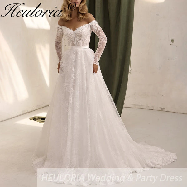 HEULORIA princess wedding dress off shoulder long sleeve lace white bride dress customize