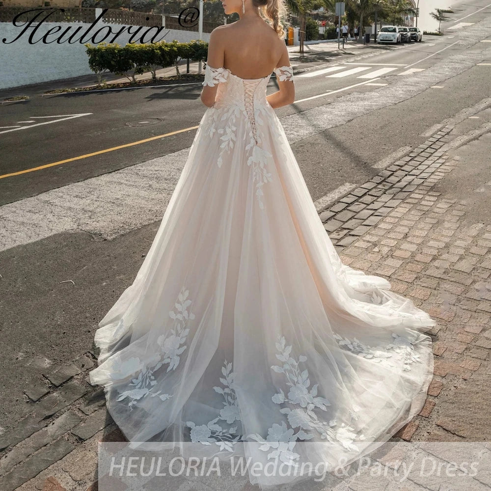 HEULORIA elegant A line wedding dress off shoulder Sparkly Glitter tulle lace applique high split bridal dress Robe De Mariee Wedding Bride Dress AL-888