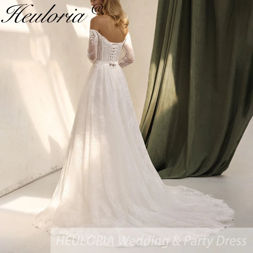 HEULORIA princess wedding dress off shoulder long sleeve lace white bride dress customize BA-865