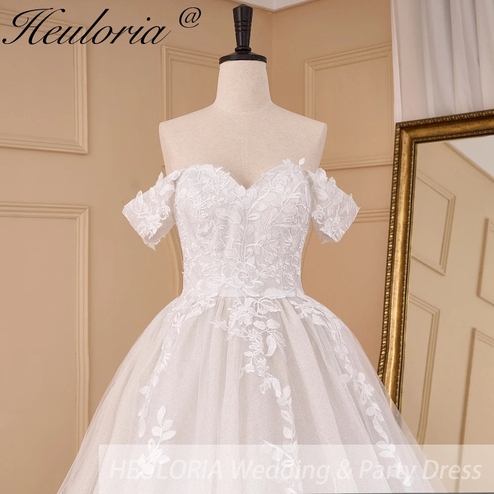 HEULORIA Romantic Off-the-Shoulder Sweetheart Neckline Lace Wedding Dress with Shimmering Cathedral Train BA-826