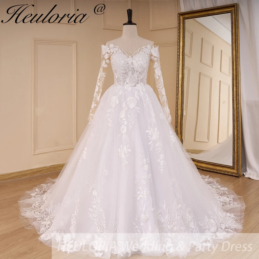 HEULORIA Sparkly Glitter princess Wedding dress Off Shoulder long sleeve lace Bride Dresses plus size plus size white bride dress customize BA-823 Immagine principale del prodotto