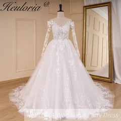 HEULORIA Sparkly Glitter princess Wedding dress Off Shoulder long sleeve lace Bride Dresses plus size plus size white bride dress customize BA-823