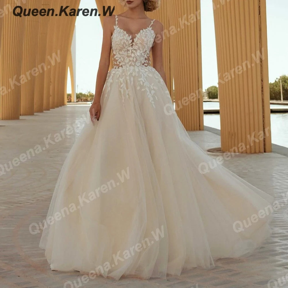 HEULORIA Lace Wedding Dresses A line Spaghetti Straps high split Bridal dress  robe de mariee A line Wedding Bridal Gown AL-QK396