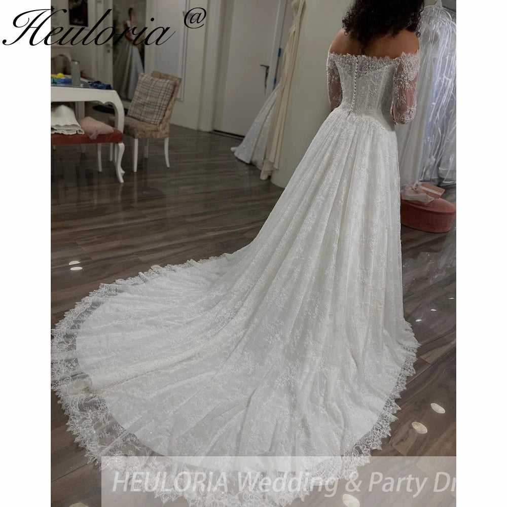 HEULORIA princess wedding dress off shoulder long sleeve lace white bride dress customize BA-852