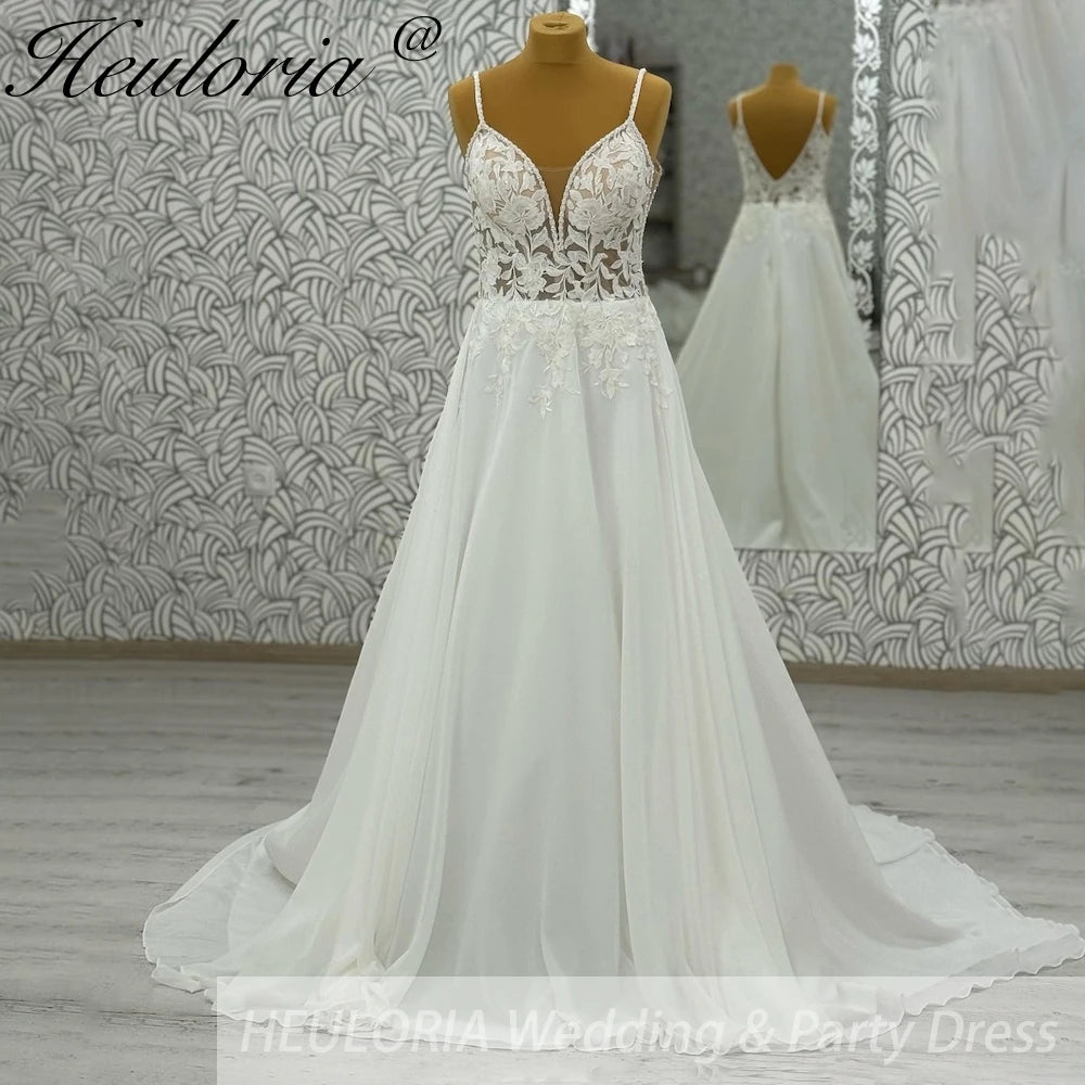 HEULORIA  Spaghetti Straps A line Wedding Dress Plunging Chiffon Women Lace Appliques Bridal dress Customized #AL-997