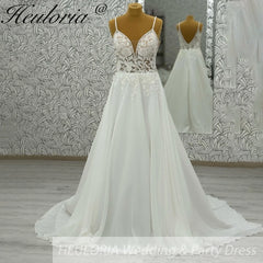 HEULORIA  Spaghetti Straps A line Wedding Dress Plunging Chiffon Women Lace Appliques Bridal dress Customized #AL-997