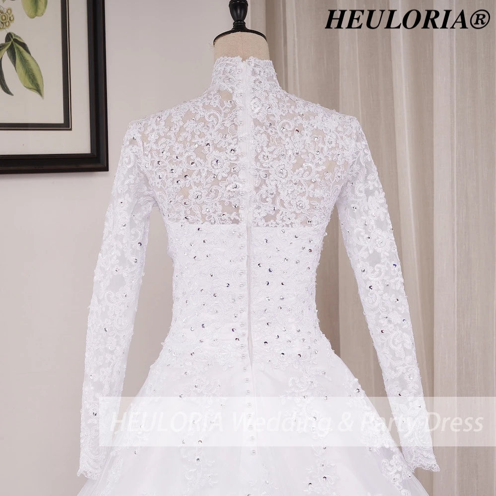 HEULORIA Muslim Wedding Dress long sleeve high neck bride dress Lace beading Wedding Gown BA-N-Classic