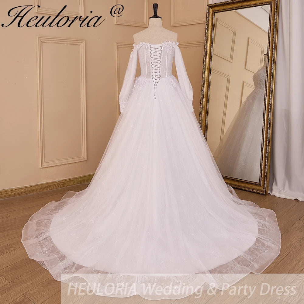 HEULORIA elegant A line wedding dress long sleeve beading lace bride dress plus size AL-839