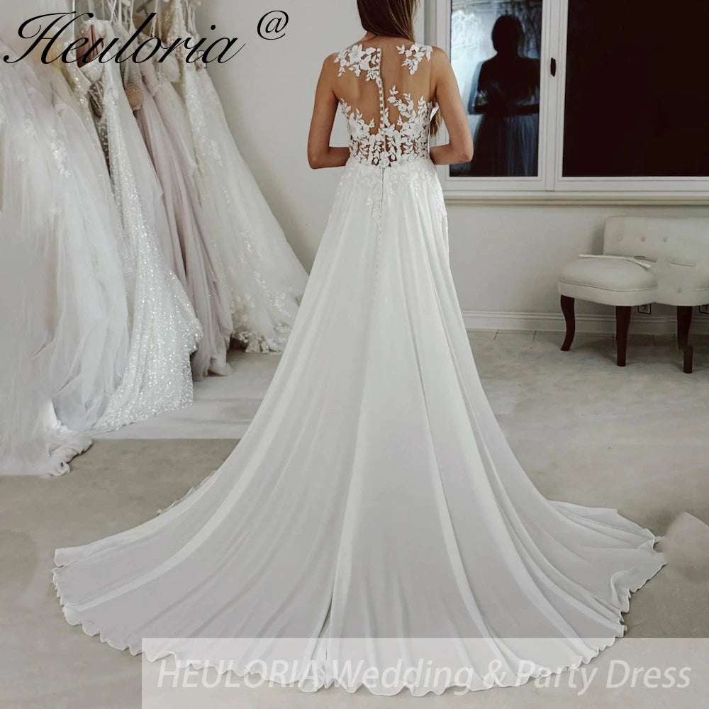 HEULORIA elegant A line Wedding Dress Spaghetti Straps lace applique bride dress high split garden beach wedding AL-840