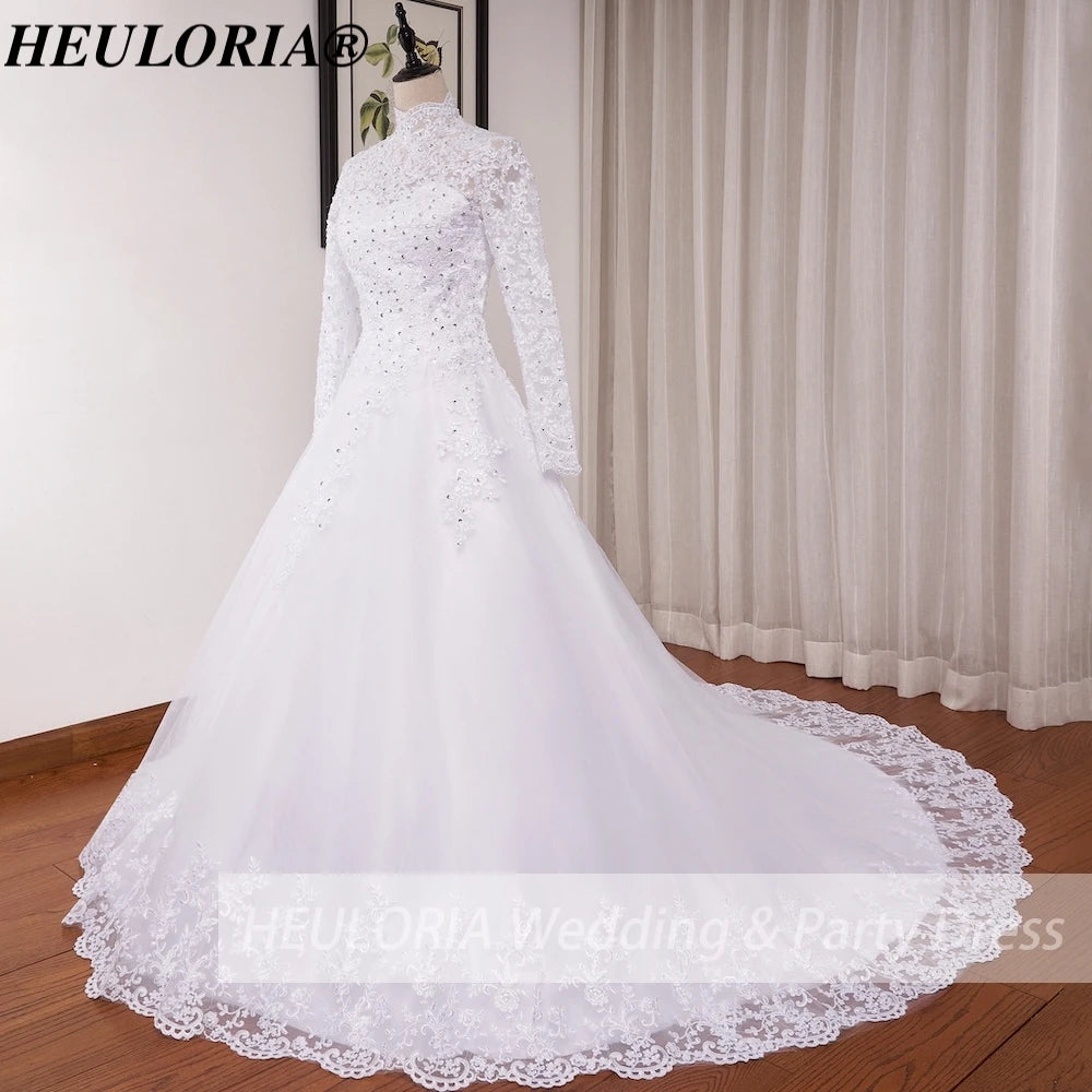 HEULORIA Muslim Wedding Dress long sleeve high neck bride dress Lace beading Wedding Gown BA-N-Classic