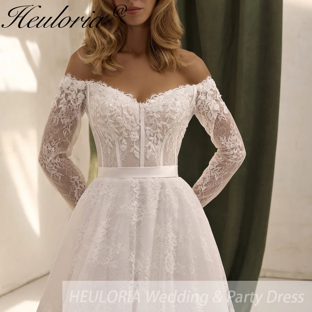HEULORIA princess wedding dress off shoulder long sleeve lace white bride dress customize BA-865