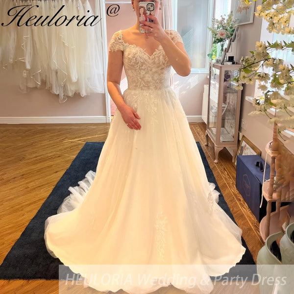 HEULORIA Boho Wedding Dresssweetheart cap sleeve lace bride dress plus size robe de mariee  A line Wedding Bridal Gown