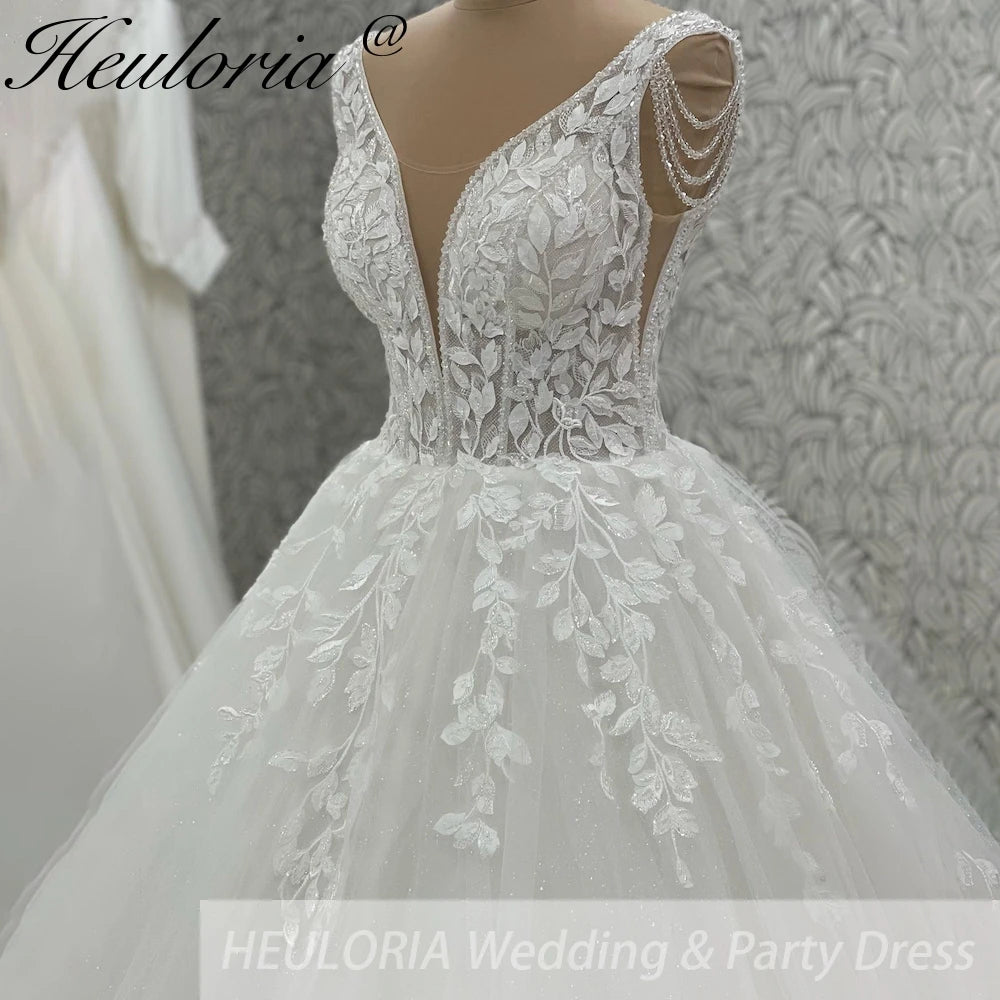 HEULORIA Elegant V Neck Wedding Gowns For Women 2025 Vestido De Novia Lace Bead Customized Long Bridal Dresses Lace Up Back AL-1039