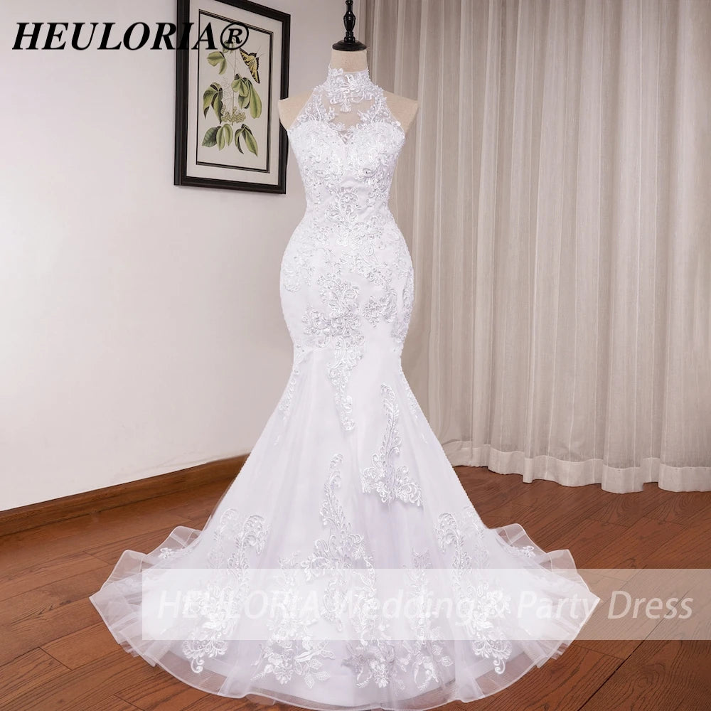 HEULORIA mermaid wedding dress high neck lace beading bride dress long train Robe de mariage ME-0115