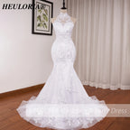HEULORIA mermaid wedding dress high neck lace beading bride dress long train Robe de mariage ME-0115