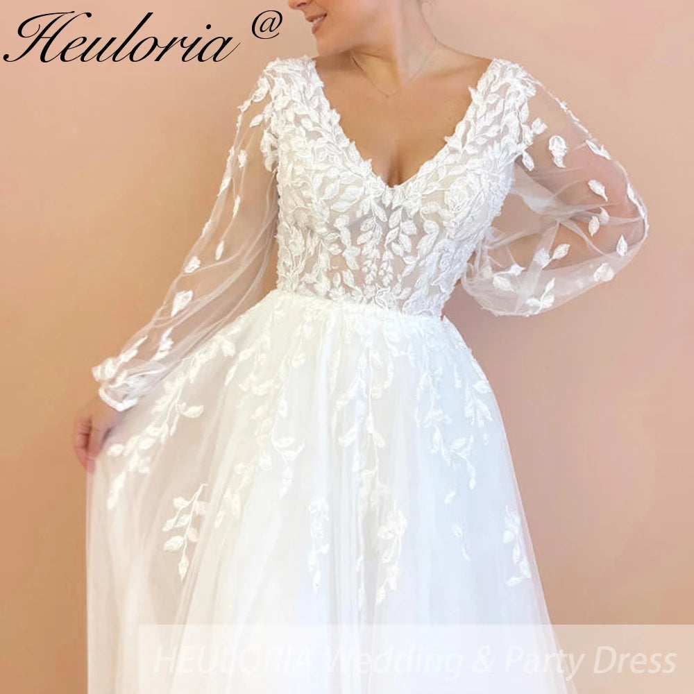 HEULORIA elegant A line Wedding Dress long sleeve v neck lace bride dress plus size robe de mariee AL-QK28