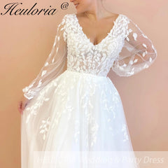 HEULORIA elegant A line Wedding Dress long sleeve v neck lace bride dress plus size robe de mariee