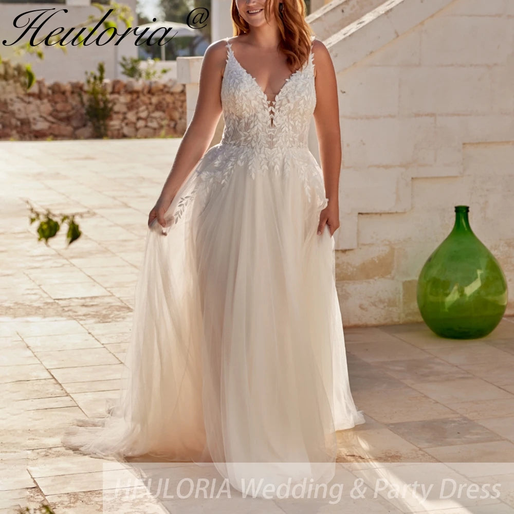 HEULORIA Boho a line Wedding Dress plug v neck lace bride dress plus size robe de mariee  A line Wedding Bridal Gown AL-877